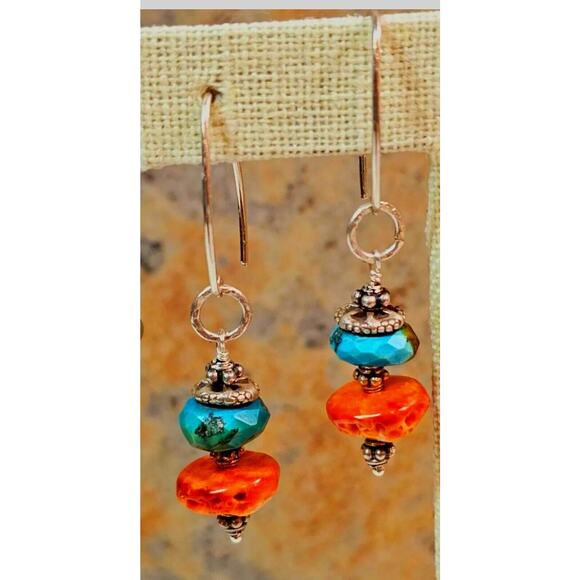 Orange Spiny Oyster & Crysocolla Sterling Artisan Earring - Picture 1 of 7